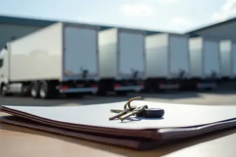 Kluczyki i dokumenty na stole, w tle rząd białych ciężarówek. Idealny moment na leasing samochodu ciężarowego.